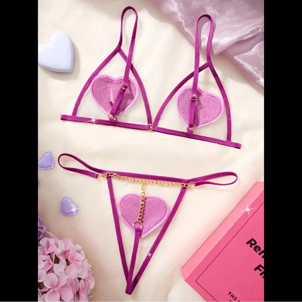 Magenta, Embroidered Heart, Lingerie Set